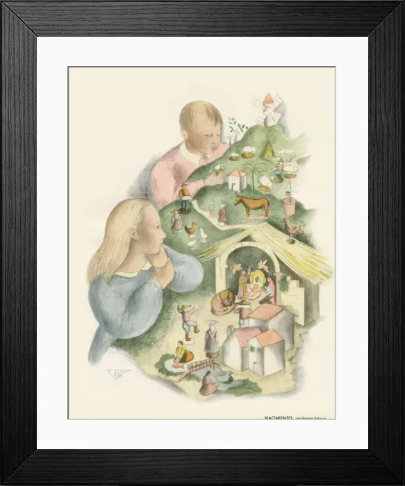 Framed Print : Two Spanish children with a nativity set Framed Print : Two Spanish children with a nativity set