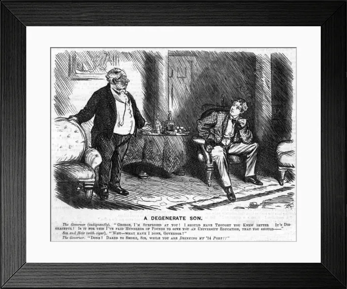 Framed Print : Father chides son for smoking while drinking port Framed Print : Father chides son for smoking while drinking port