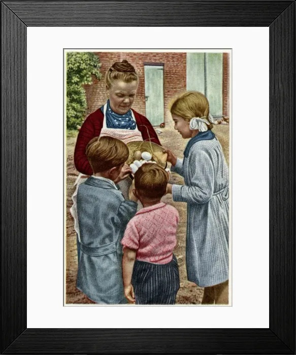 Framed Print : Mother and children with Easter eggs in Brabant, Belgium Framed Print : Mother and children with Easter eggs in Brabant, Belgium