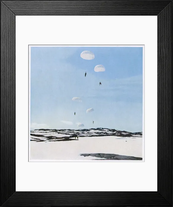 Framed Print : Parachute. German paratroopers land in Norway during World War Two Date: 1940