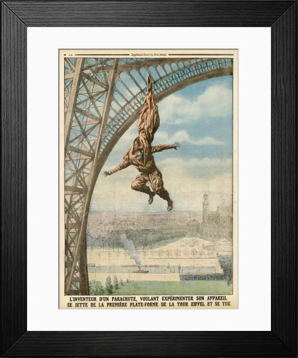 Framed Print : PARACHUTE. Francois Reichett tests his parachute by jumping Framed Print : PARACHUTE. Francois Reichett tests his parachute by jumping