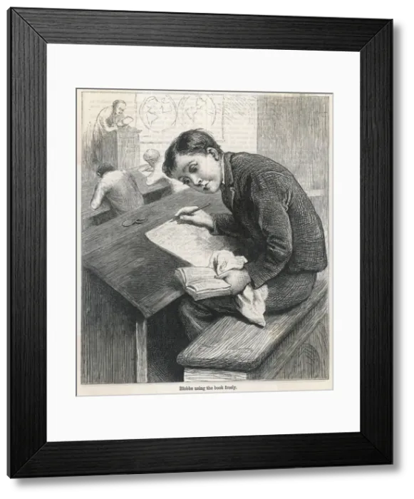 Framed Print : Classroom scene: school boy cheats in exam, 1883 Framed Print : Classroom scene: school boy cheats in exam, 1883