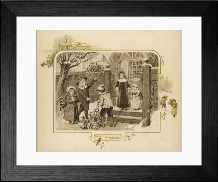 Framed Print : Christmas decorations: childern bearing holly - greenery Framed Print : Christmas decorations: childern bearing holly - greenery