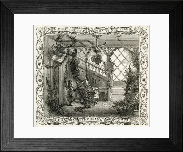 Framed Print : Christmas decorations: decorating the hall, 1877 Framed Print : Christmas decorations: decorating the hall, 1877