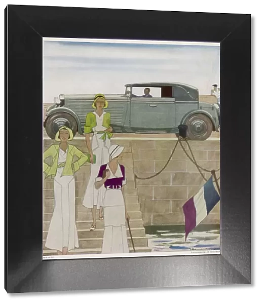 Fashion: three women and car, French Riviera, 1931