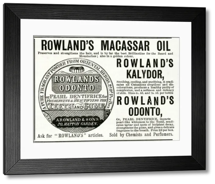 Framed Print : Advert for Rowlands Macassar Oil 1890 Framed Print : Advert for Rowlands Macassar Oil 1890