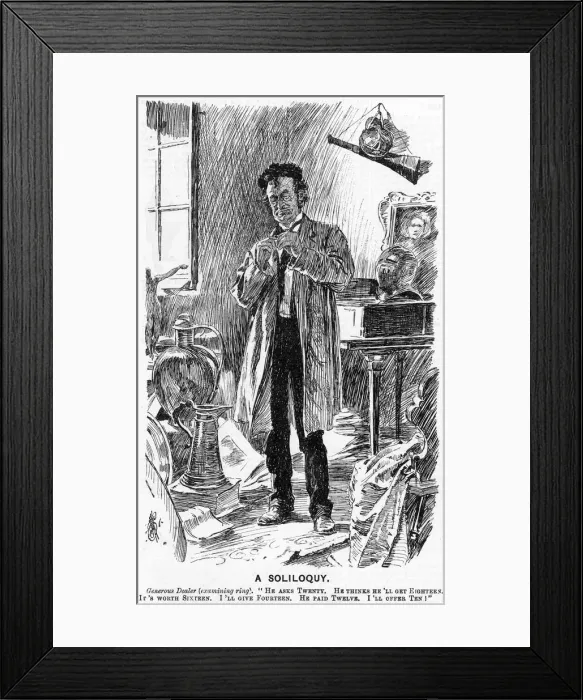Framed Print : Cartoon, A Soliloquy (antique dealer) Framed Print : Cartoon, A Soliloquy (antique dealer)