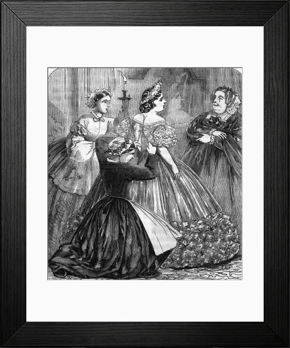 Framed Print : LACING UP. A young lady is laced into her ball gown by her maid while mama Framed Print : LACING UP. A young lady is laced into her ball gown by her maid while mama