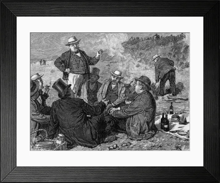 Framed Print : CLAMBAKE. Gentlemen enjoy a clam bake on the coast of America Date: 1883 Framed Print : CLAMBAKE. Gentlemen enjoy a clam bake on the coast of America Date: 1883