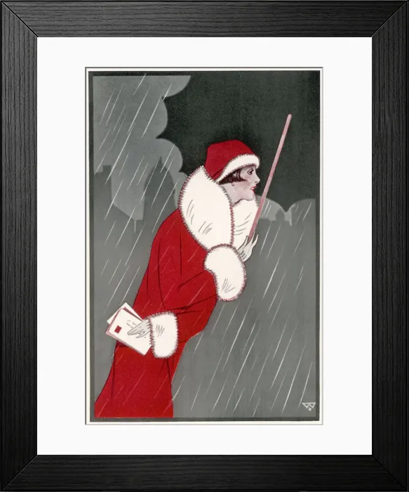 Framed Print : Woman in Christmas outfit, posting letters, rain Framed Print : Woman in Christmas outfit, posting letters, rain