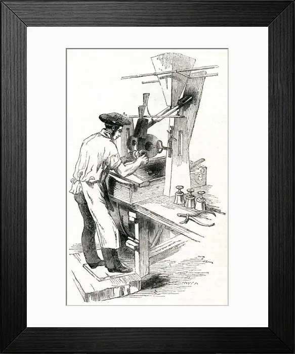 Framed Print : Scene in a Flint Glass Factory, glass cutter at work 1841 Framed Print : Scene in a Flint Glass Factory, glass cutter at work 1841