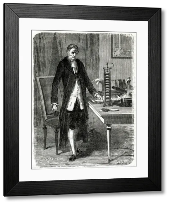 Framed Print : VOLTA. Volta constructs his first pile electrique Date: December 1799 Framed Print : VOLTA. Volta constructs his first pile electrique Date: December 1799