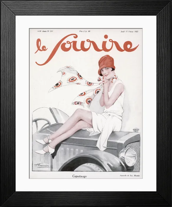 Framed Print : 1920s women sitting on the bonnet of a car Framed Print : 1920s women sitting on the bonnet of a car