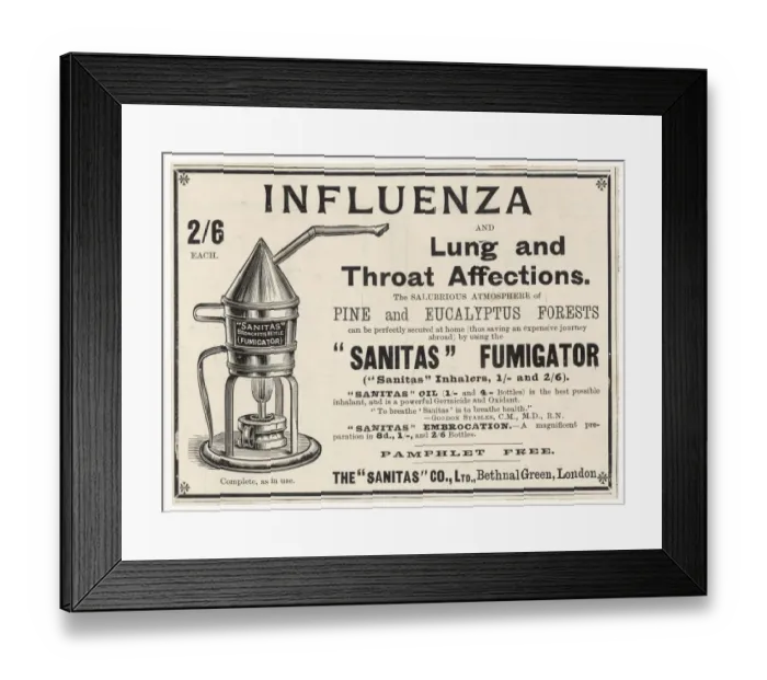 Framed Print : Advert for Sanitas flu fumigator 1900 Framed Print : Advert for Sanitas flu fumigator 1900