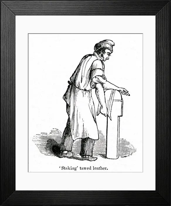 Framed Print : Staking tawed leather at a leather factory, south London Framed Print : Staking tawed leather at a leather factory, south London