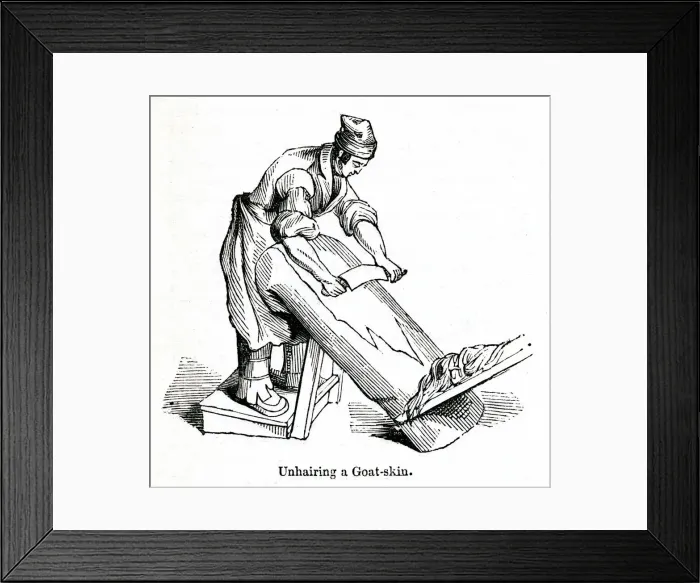 Framed Print : Unhairing a goatskin at a leather factory, south London 1842 Framed Print : Unhairing a goatskin at a leather factory, south London 1842