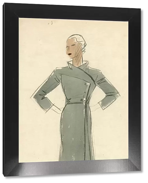 Woman wearing grey wrap-around coat 1930