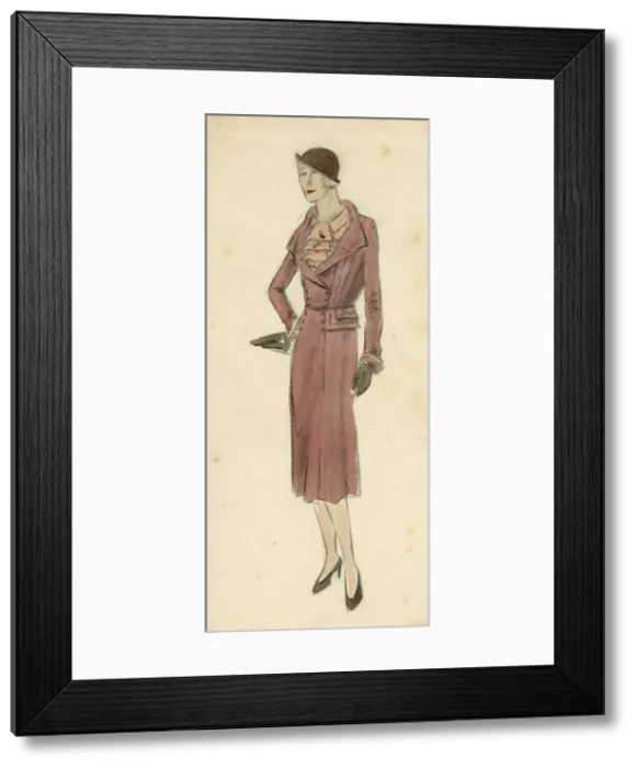 Framed Print : Woman wearing dusky pink suit 1930s Framed Print : Woman wearing dusky pink suit 1930s