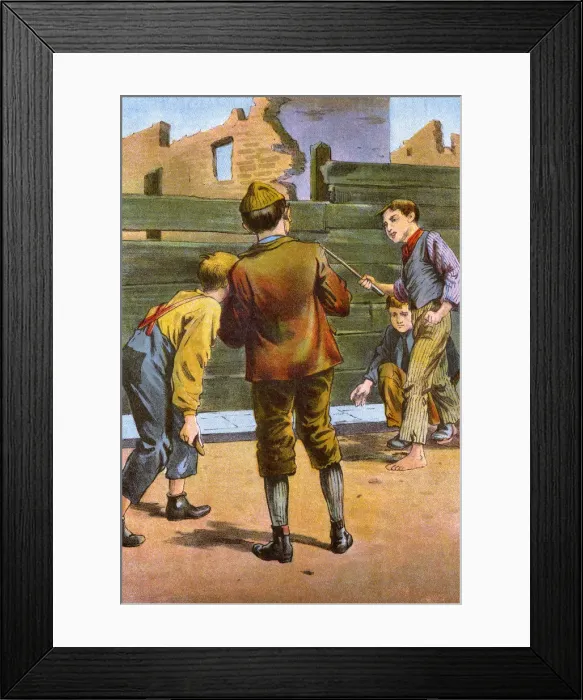 Framed Print : Four young boys playing a game with a stick and a stone