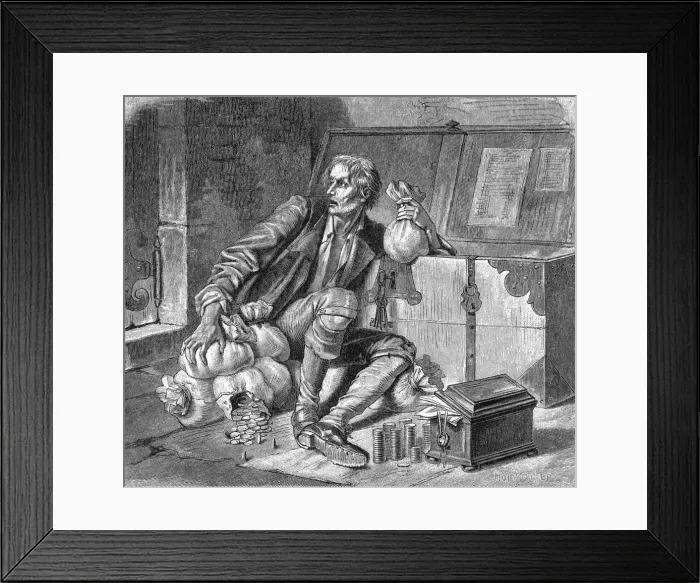 Framed Print : MISER GUARDS HIS MONEY