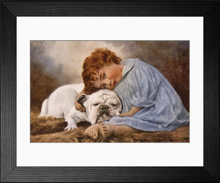 Framed Print : Little girl hugs a friendly bulldog Framed Print : Little girl hugs a friendly bulldog