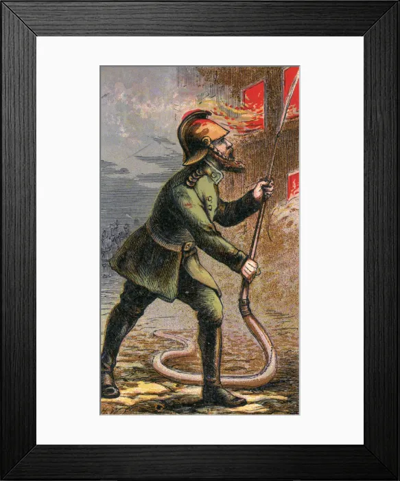 Framed Print : FIREMAN. London characters: Man is born to trouble, as the sparks fly upward,