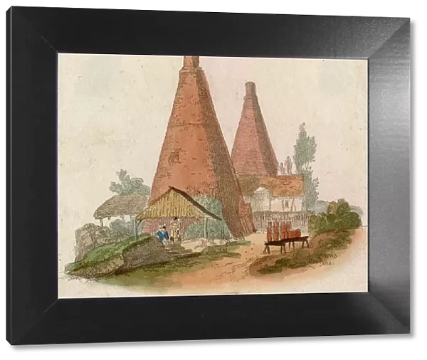 Kilns. Two men cut peat to be used in the tall kilns standing behind them. Date: 1803