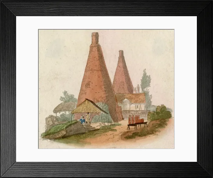 Framed Print : Kilns. Two men cut peat to be used in the tall kilns standing behind them. Date: 1803 Framed Print : Kilns. Two men cut peat to be used in the tall kilns standing behind them. Date: 1803