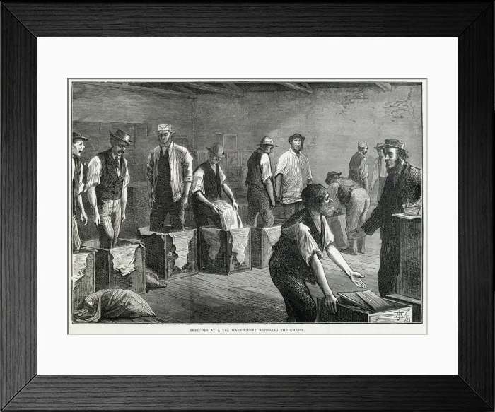 Framed Print : Refilling chests at a tea warehouse 1874 Framed Print : Refilling chests at a tea warehouse 1874