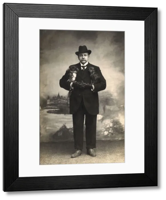 Framed Print : Studio portrait, man with two Pekingese dogs Framed Print : Studio portrait, man with two Pekingese dogs