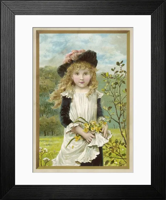 Framed Print : GIRL PICKS FLOWERS C1890 Framed Print : GIRL PICKS FLOWERS C1890
