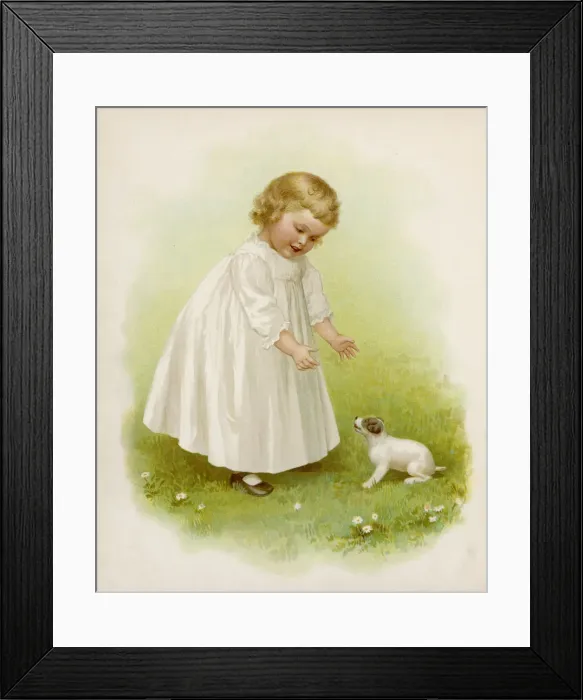 Framed Print : GIRL AND PUPPY C1890 Framed Print : GIRL AND PUPPY C1890
