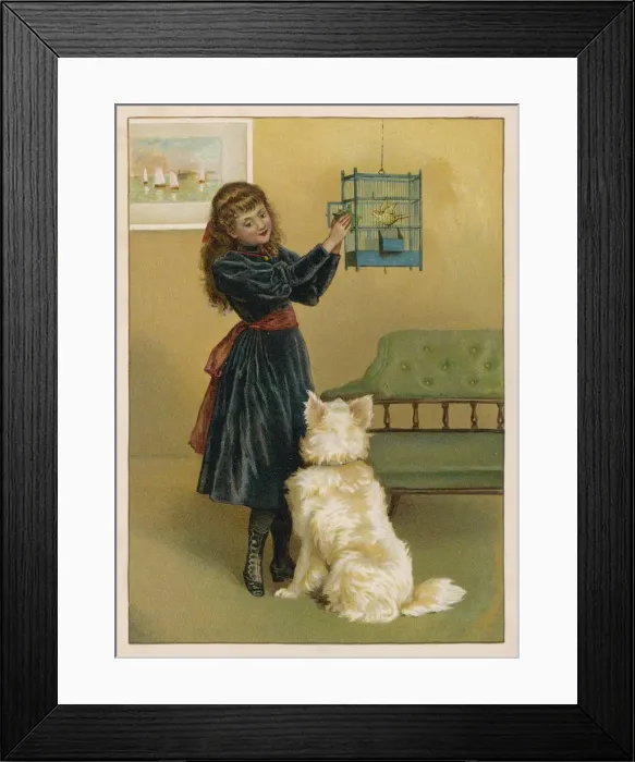 Framed Print : GIRL WITH BIRD AND DOG Framed Print : GIRL WITH BIRD AND DOG