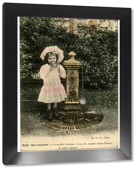Girl at water fountain, Montmartre, Paris, France