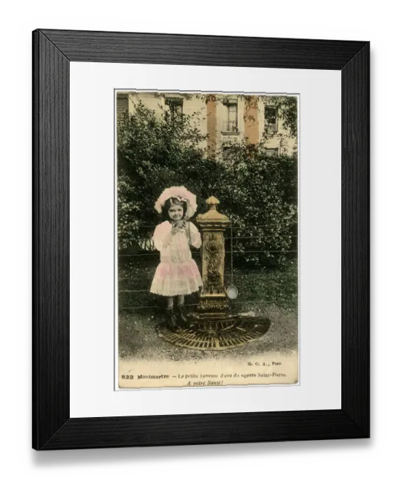 Framed Print : Girl at water fountain, Montmartre, Paris, France Framed Print : Girl at water fountain, Montmartre, Paris, France