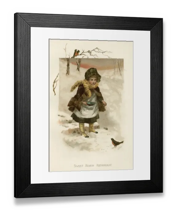 Framed Print : GIRL FEEDS A ROBIN Framed Print : GIRL FEEDS A ROBIN