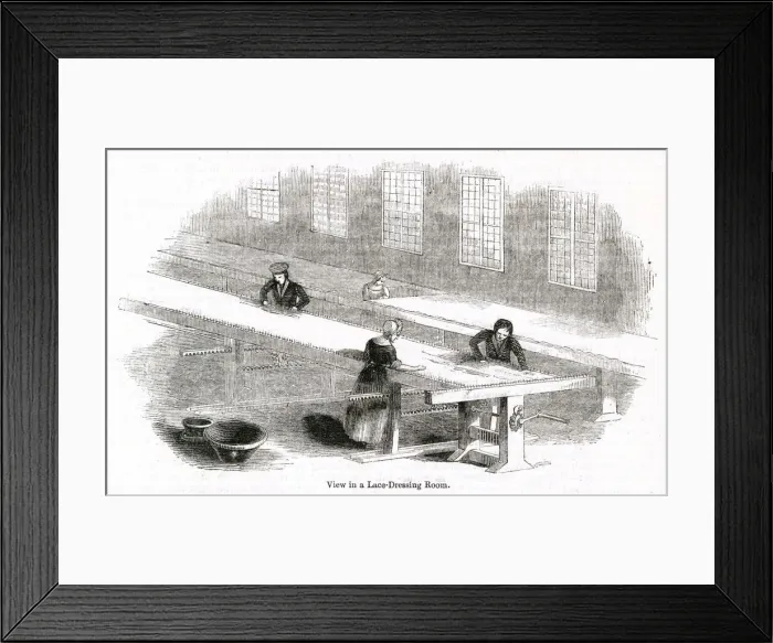 Framed Print : Lace Dressing Room at a Nottingham Lace Factory 1843 Framed Print : Lace Dressing Room at a Nottingham Lace Factory 1843