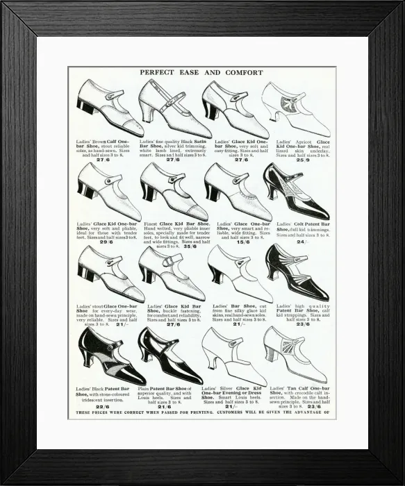Framed Print : A Variety of womens comfortable shoes 1926 Framed Print : A Variety of womens comfortable shoes 1926