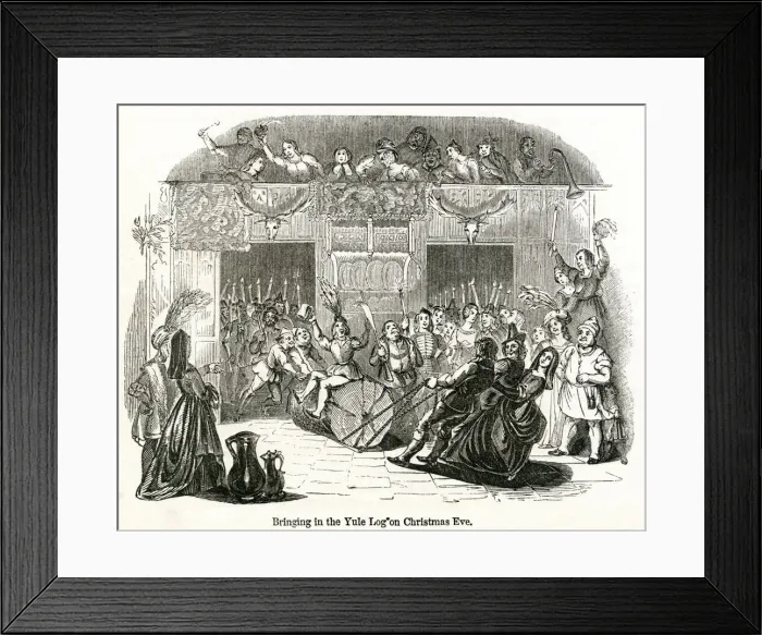 Framed Print : Bringing in yule log on Christmas Eve Framed Print : Bringing in yule log on Christmas Eve