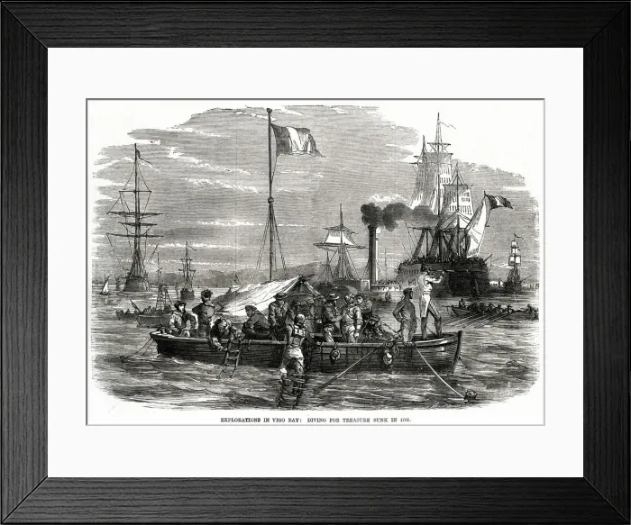Framed Print : Exploration in Vigo Bay, diving for treasure sunk 1870 Framed Print : Exploration in Vigo Bay, diving for treasure sunk 1870