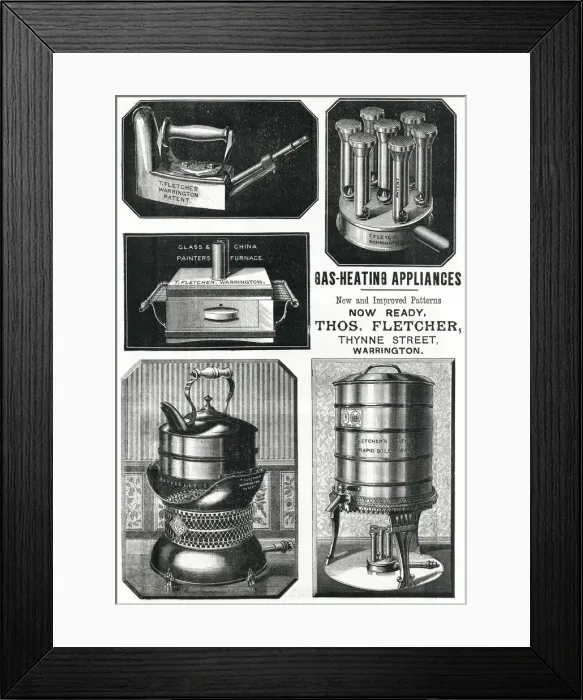 Framed Print : Advert for Thomas Fletcher gas heating appliances 1889 Framed Print : Advert for Thomas Fletcher gas heating appliances 1889
