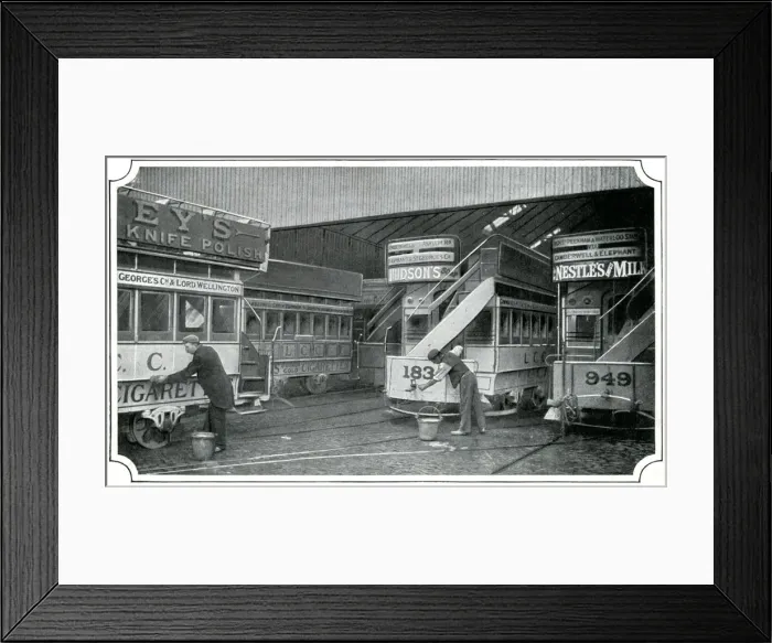 Framed Print : Washing L. C. C. tramcars 1900 Framed Print : Washing L. C. C. tramcars 1900