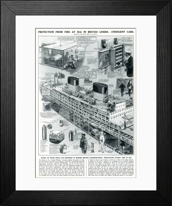 Framed Print : Protection from fire at sea on British liners 1932 Framed Print : Protection from fire at sea on British liners 1932