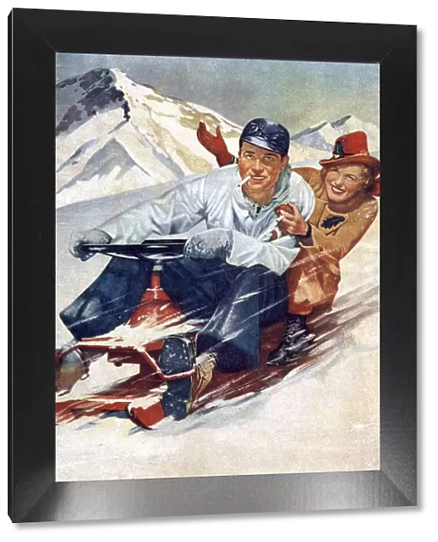 1950s - Young couple having fun on a snowmobile