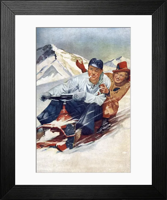 Framed Print : 1950s - Young couple having fun on a snowmobile Framed Print : 1950s - Young couple having fun on a snowmobile