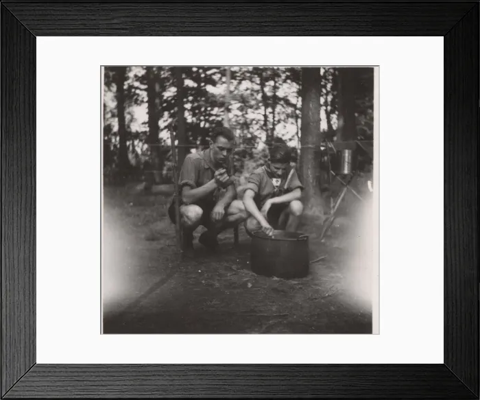 Framed Print : Two German boy scouts cooking at camp Framed Print : Two German boy scouts cooking at camp