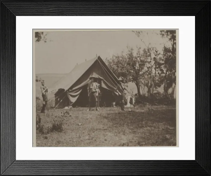Framed Print : Boy scouts in front of tent at camp Framed Print : Boy scouts in front of tent at camp