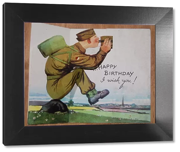 WW2 birthday card, soldier drinking water