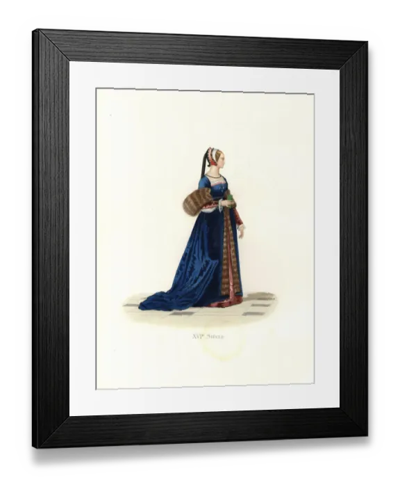 Framed Print : Lady at the court of Francis I in a red silk dress covered by a fur-lined robe of blue silk Framed Print : Lady at the court of Francis I in a red silk dress covered by a fur-lined robe of blue silk