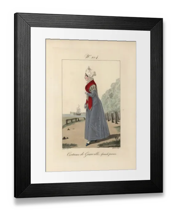 Framed Print : Costume of Granville. A woman in her finery in a park near the port Framed Print : Costume of Granville. A woman in her finery in a park near the port